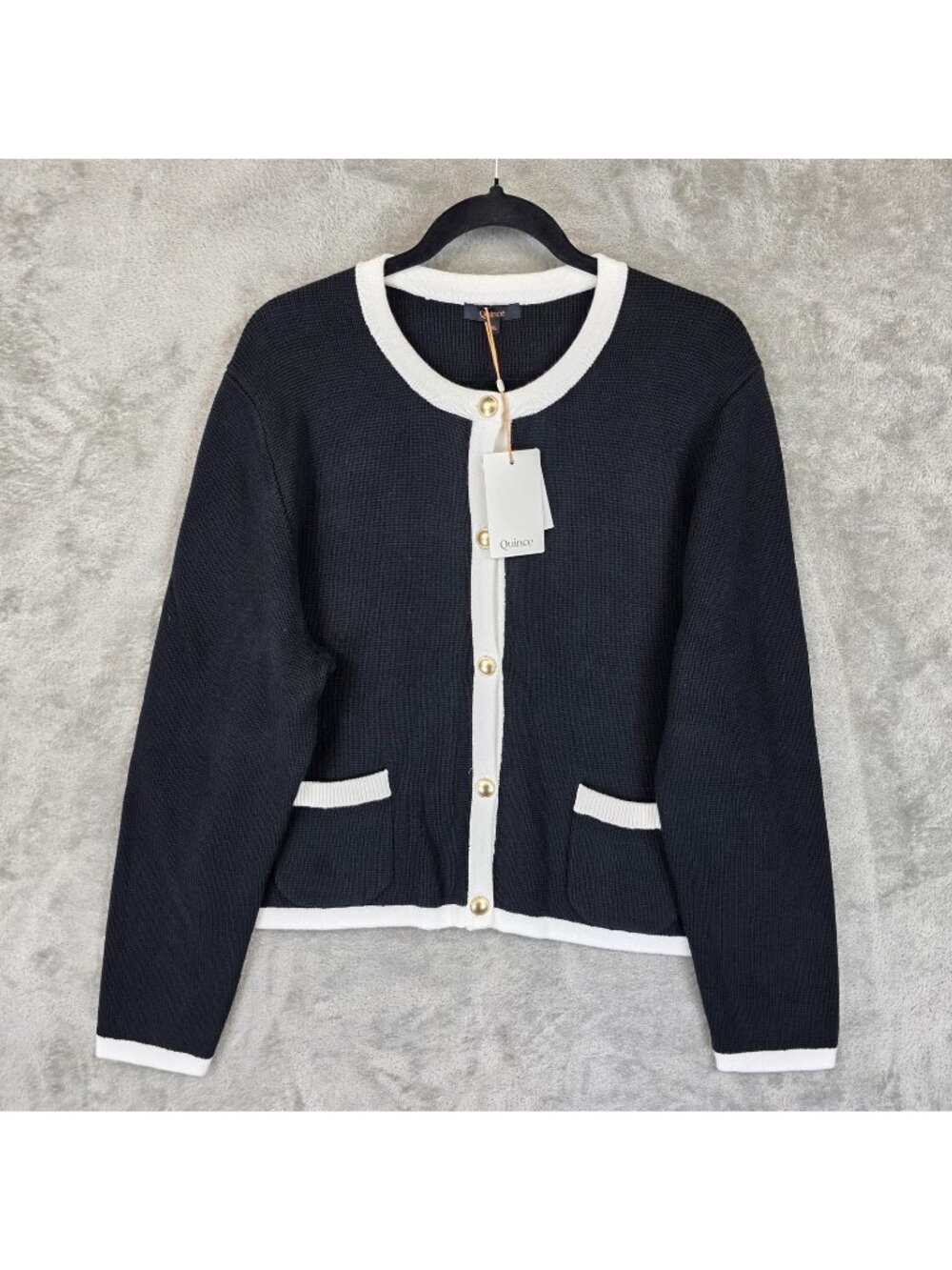 Quince Cardigan Sweater Womens XL Black White Colorblock Crew Neck Knit Pockets